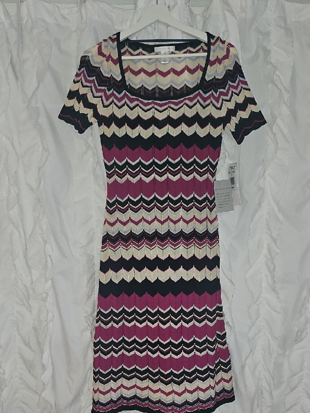 London Times Navy Blue, Cream & Purple Chevron Knit Midi Dress